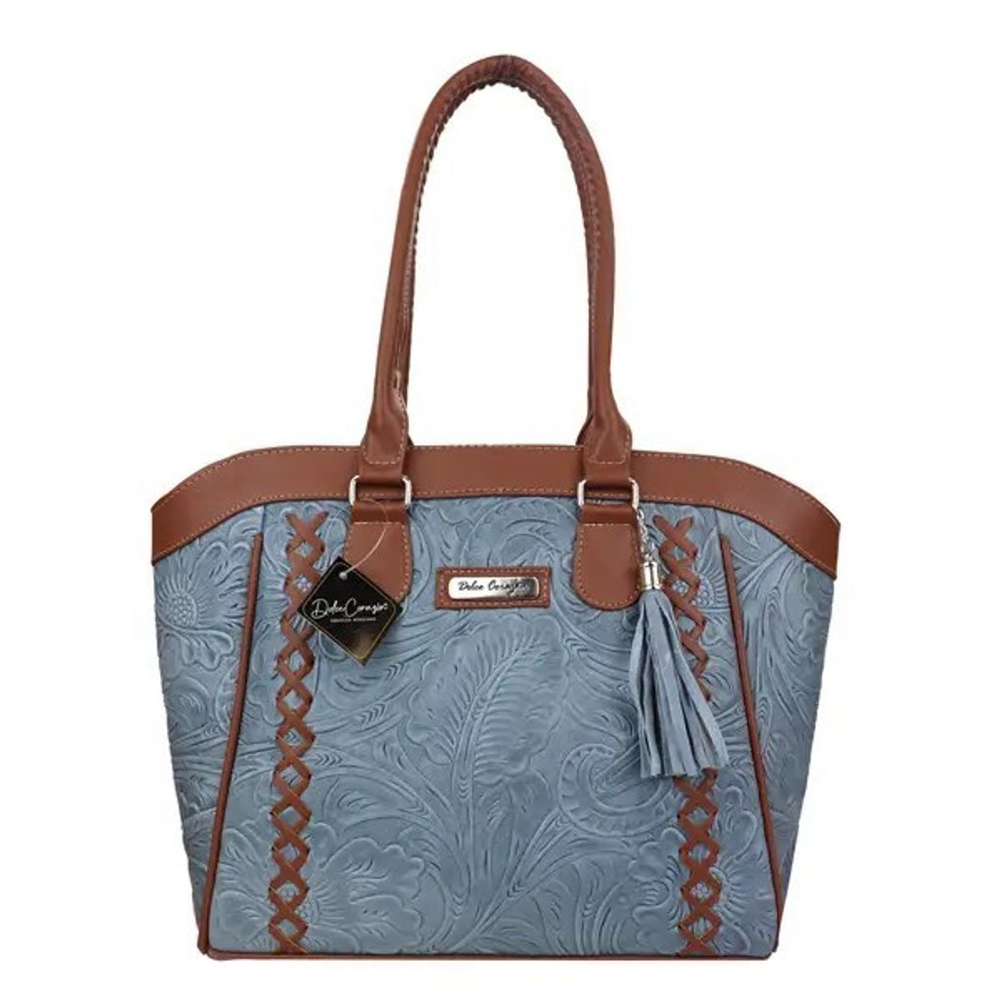Denim Blue Brown Cross Stitch Embossed Tooled Artisan LEATHER Hobo Bag Purse